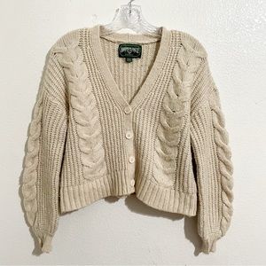 American Eagle Cropped Cable Knit Button-Up Wool Blend Cardigan in Oatmeal